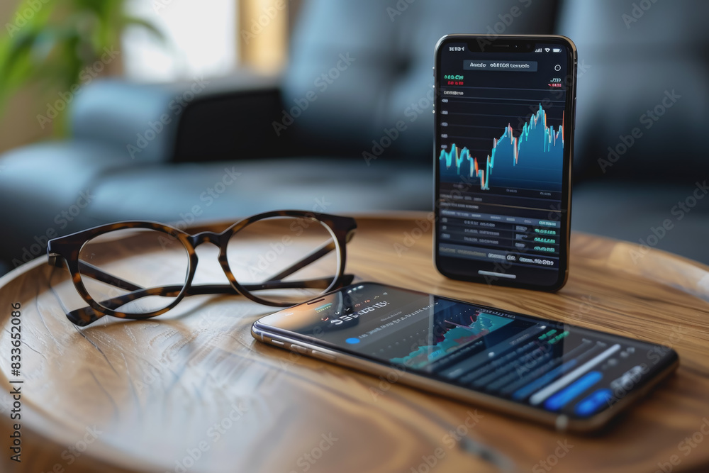 Poster screenshots of interactive quizzes or stock market graphs showing progress and success.