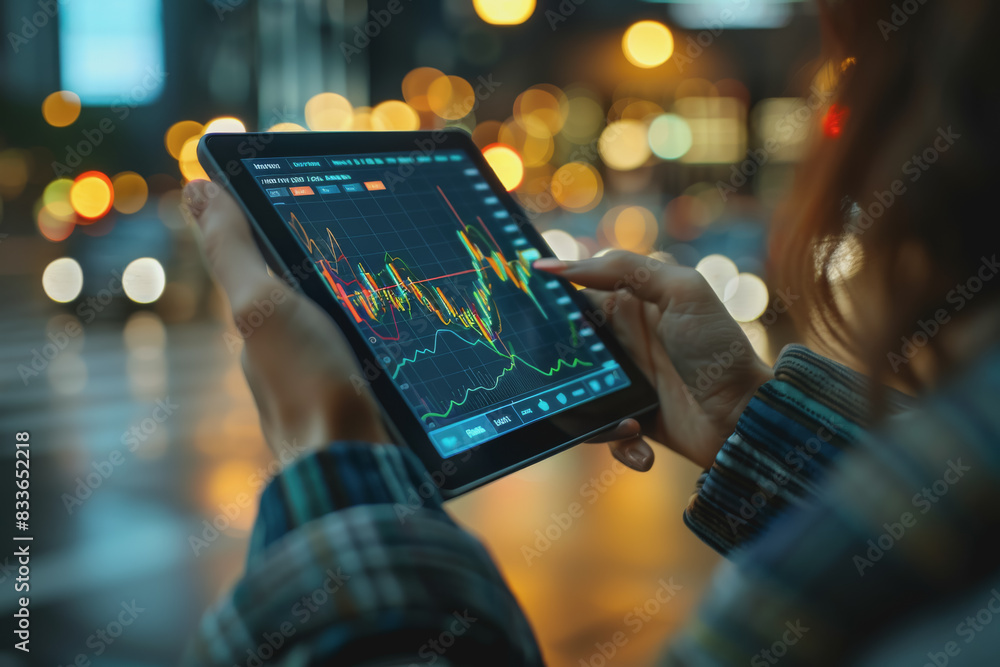 Poster screenshots of interactive quizzes or stock market graphs showing progress and success.