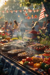 A close-up of a barbecue grill with food cooking, surrounded by a festive gathering of people celebrating outdoors.