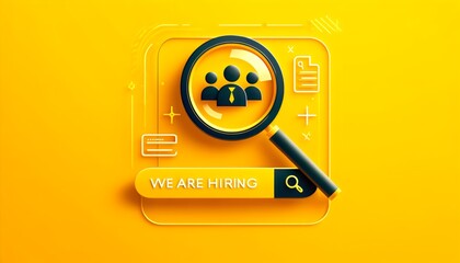 a digital interface for a hiring search, symbolized by a magnifying glass focusing on an icon representing people