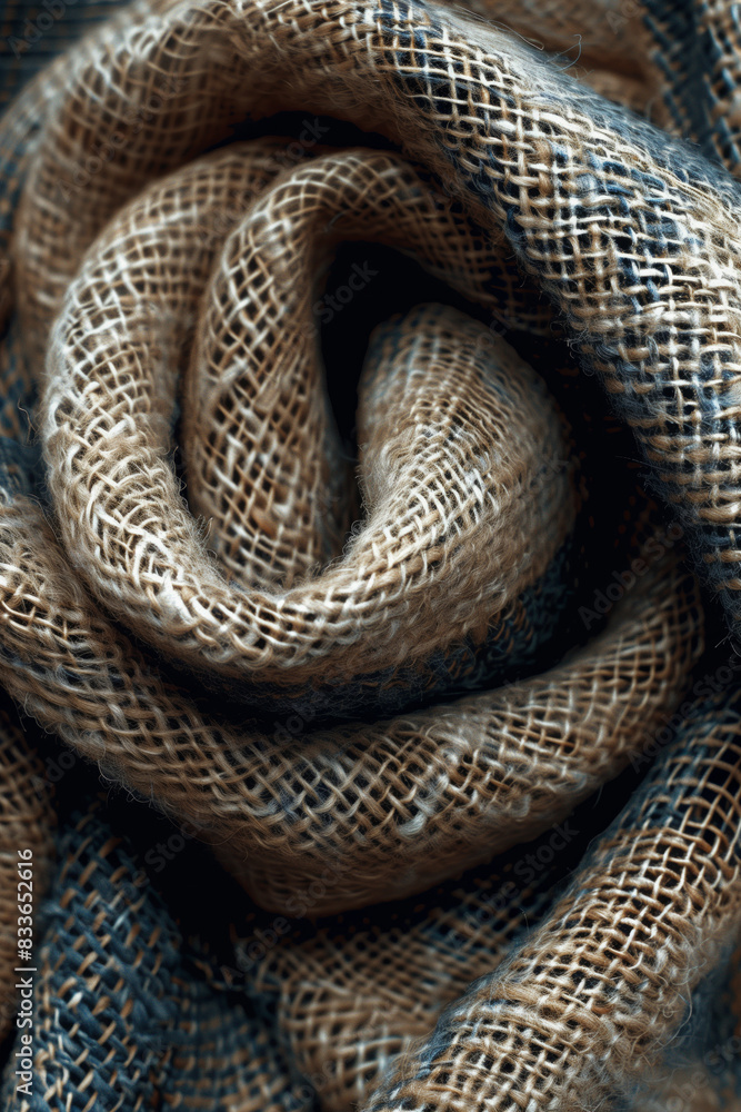 Poster a piece of fabric with a brown and blue pattern. the fabric is rolled up and has a fuzzy texture