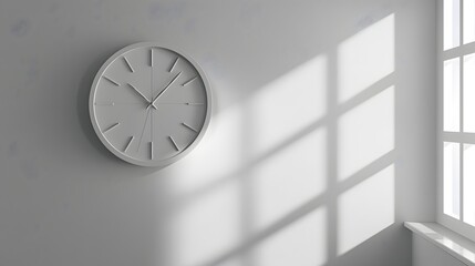 Photo of a clock on the wall with minimalistic decor, 3D rendering. Web banner with empty space on the right in the style of copy space.