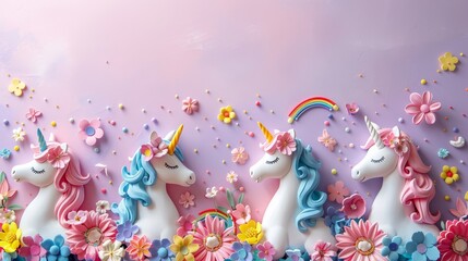 A whimsical unicorn theme with pastel unicorns and rainbows lightly adorning the lower half of a soft purple background. 