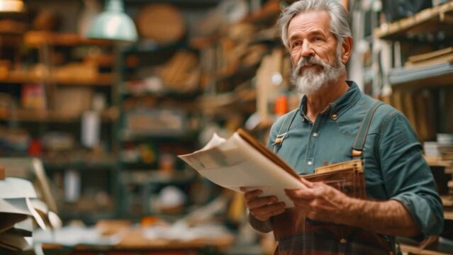 A senior business owner interacting with a customer while holding paper documents and checking bills is an example of a small business image.