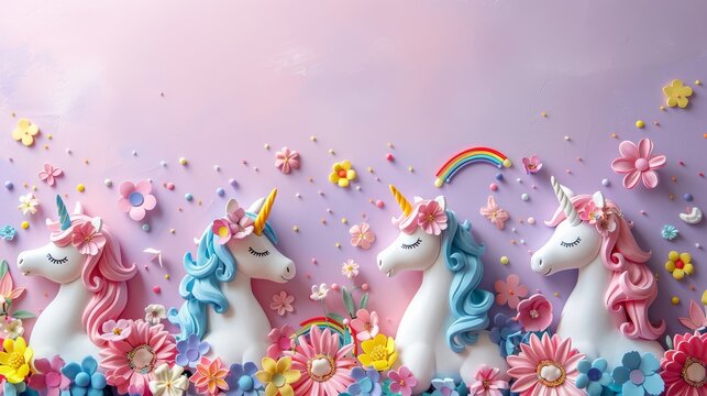 A whimsical unicorn theme with pastel unicorns and rainbows lightly adorning the lower half of a soft purple background. 