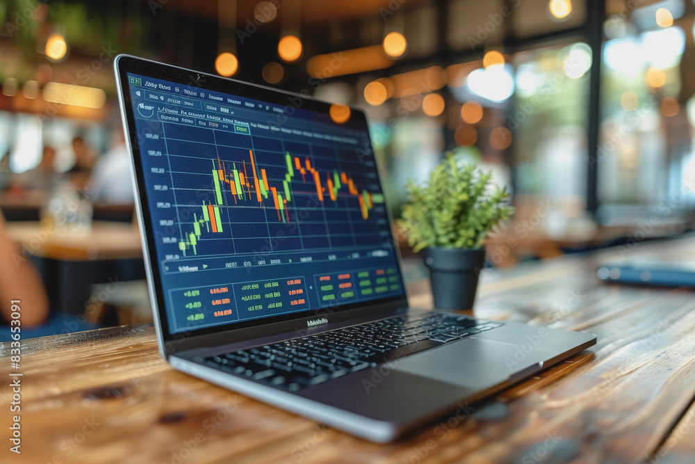 Poster screenshots of interactive quizzes or stock market graphs showing progress and success.
