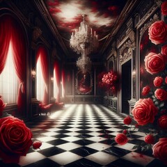 A black and white checkered floor with red roses, a matte painting, gothic art, ballroom background