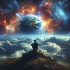 A man sitting on top of a mountain looking at a planet, a matte painting, space art, epic clouds and godlike lighting, in the astral plane