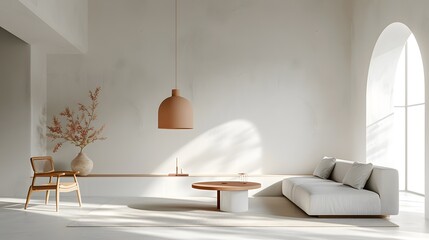 Photo of a minimalist living room with white walls and a sofa on the right side, white background, in the style of minimal interior design.