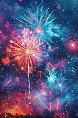 Fototapeta premium Colorful fireworks explode in the night sky, creating a vibrant display of light and celebration.