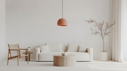 Photo of a minimalist living room with white walls and a sofa on the right side, white background, in the style of minimal interior design.