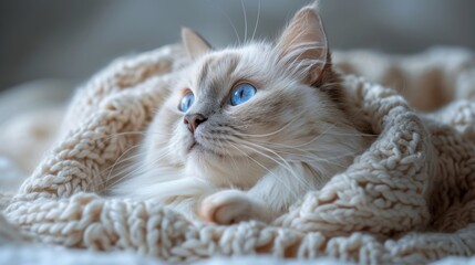 Obraz premium pet relaxation, content ragdoll cat lounging on a comfy blanket, lost in thought with its blue eyes, exuding pure bliss