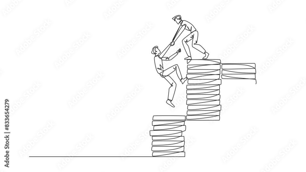 Poster self drawing animation of continuous one line drawing businessman helps colleague climb pile of coin