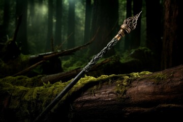 Mystical wand rests on a log amidst a magical forest setting with misty ambiance