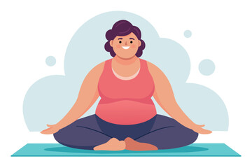 Fat girl doing stretching in seated position on yoga mat. Furnishing a cozy room with a large window, plants and furniture theme related to fitness, health, indoor exercise or home workout.Fat girl pe