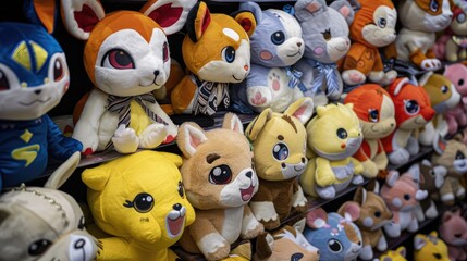 Obraz premium funny plush toys featuring different animal plushies, showcasing their cute and fluffy appearance in an inviting arrangement.