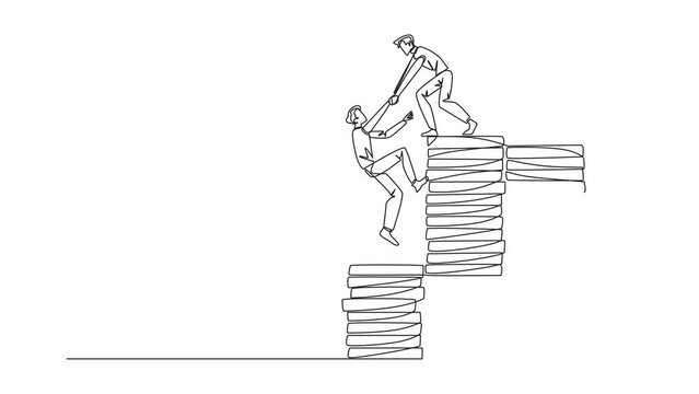 Self drawing animation of continuous one line drawing businessman helps colleague climb pile of coins. Metaphors help achieve targets before entering retirement. Teamwork. Full length animated