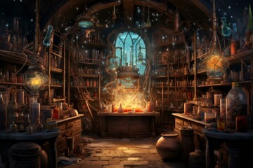 Obraz premium Mystical image depicting an alchemist's study filled with magical artifacts and glowing potions