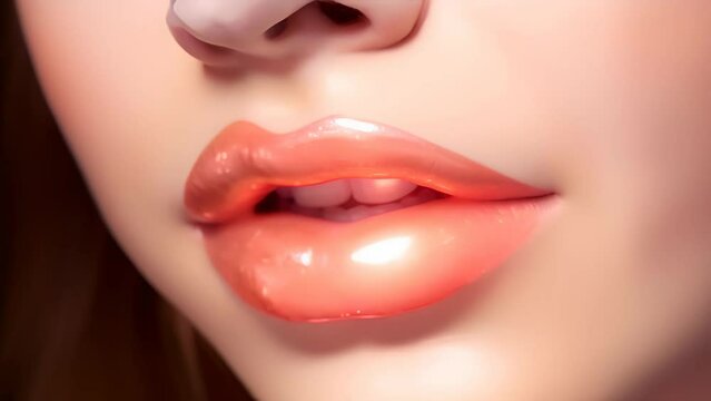 Lips painted with peach fuzz colored lipstick
