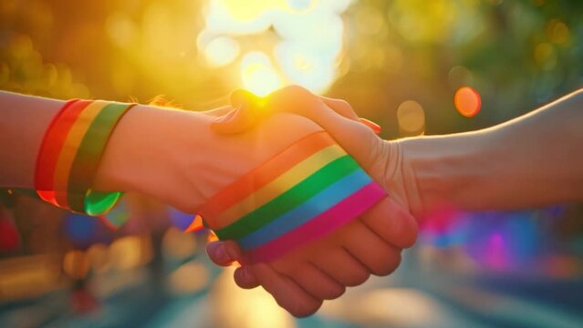 A rainbow ribbon is wrapped around a woman's hand to represent LGBT pride and the LGBT rights movement.	
