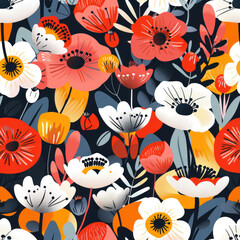 Fototapeta premium Abstract flowers pattern with vibrant colors and modern blooms. Seamless floral background perfect for wrapping paper and textile prints. Flat vector illustration with endless repeating texture.