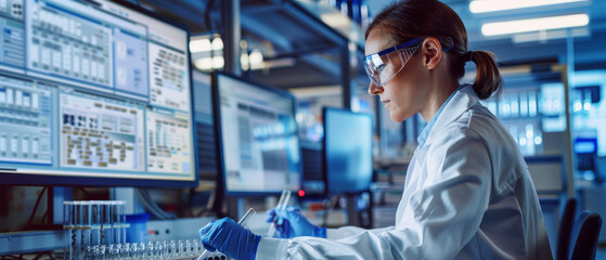 Woman in Lab Coat and Goggles Working on Computer