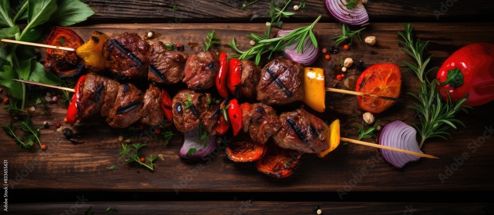 Aufkleber assorted delicious grilled meat and skewer with vegetable and herbs on rustic table. creative banner
