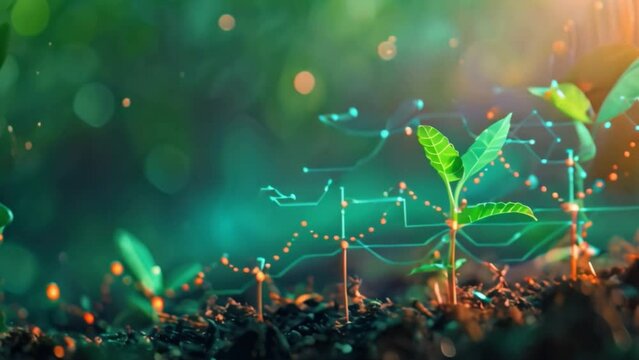 A concept for growing crops with holographic infographics data representation line graphs Plant saplings growing with holographic infographic data representation lines