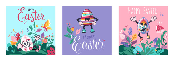 Set of Easter poster with happy Holiday personage Groovy egg character among spring flower