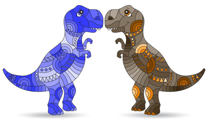 Set of illustrations in the style of stained glass with dinosaurs, animals isolated on a white background