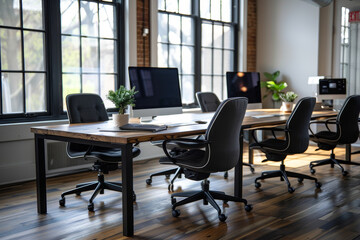 Sophisticated office setting with wooden desks, ergonomic chairs, and ample natural lighting