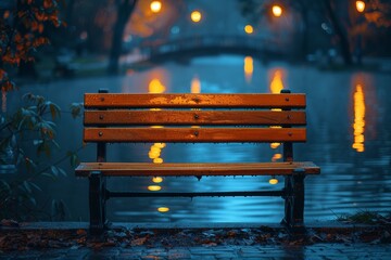 A wooden bench sits empty at night in front of a path illuminated by soft, glowing street lamps and reflections on the water - Powered by Adobe