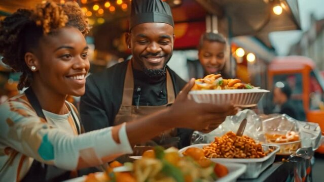 An African-American food truck owner serves a meal to a male customer. A modern concept for a business that offers takeout options Food truck catering