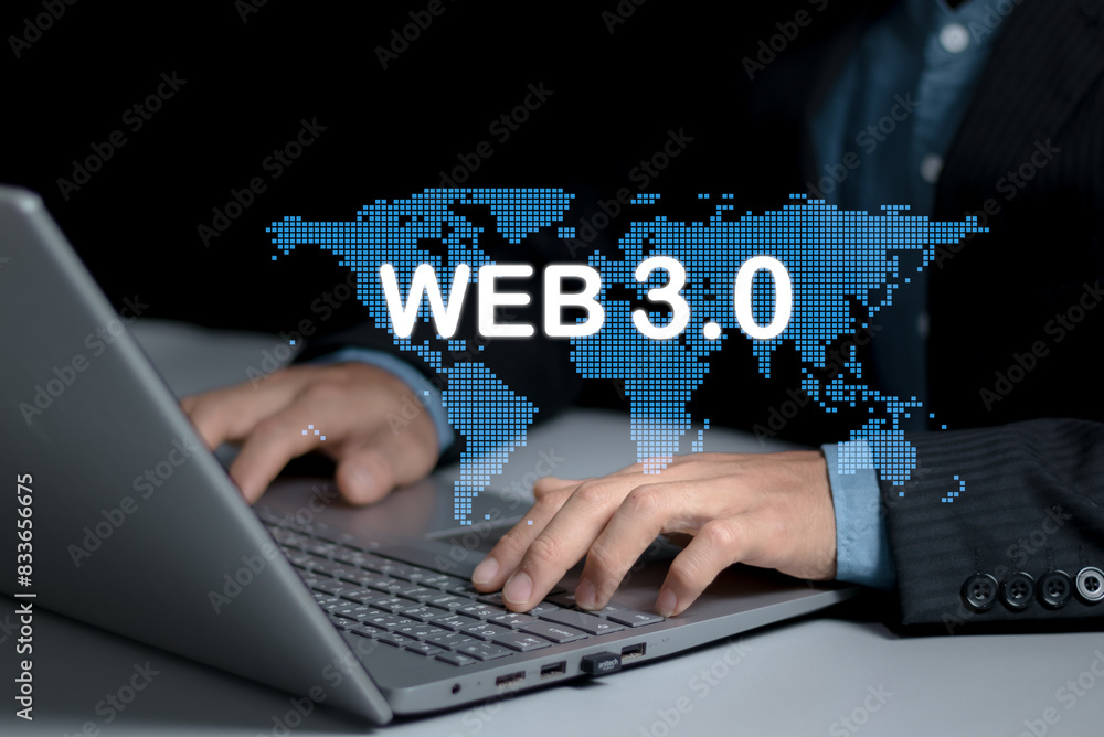 Poster virtual reality in web 3.0: business person engaging with future blockchain business technology.