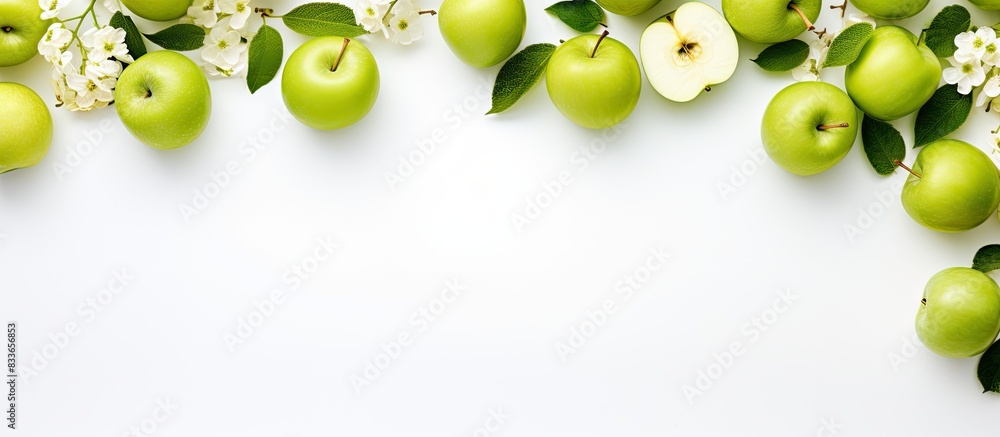 Poster organic fruits with green apples design on white background top view. creative banner. copyspace ima