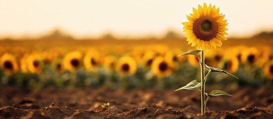 single smaller sunflower facing in other direction as the others in a field. Creative banner. Copyspace image