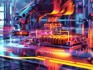 Illustration of Adoption of additive manufacturing (3D printing) and other advanced techniques to improve production processes. Ai Generate.