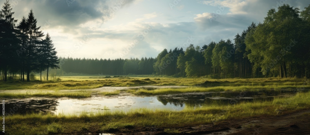 Poster Road with puddle across the field Landscape after rain with forest and overgrown field. Creative banner. Copyspace image