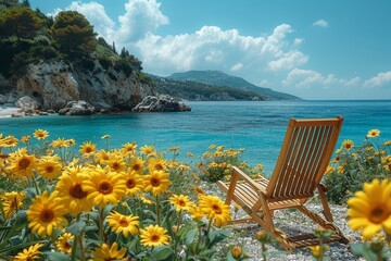 An inviting wooden deck chair faces the tranquil blue sea, surrounded by bright yellow sunflowers