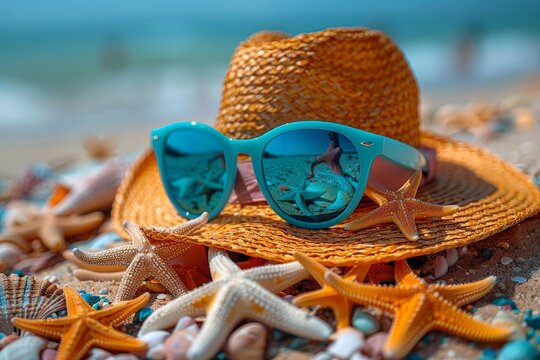 Straw hat with blue sunglasses reflecting a woman on the beach, indicating a personal summer experience