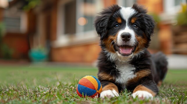 cute bernese mountain dog pup joyfully playing with a colorful ball in the backyard, representing the concept of a happy pet perfect for a banner