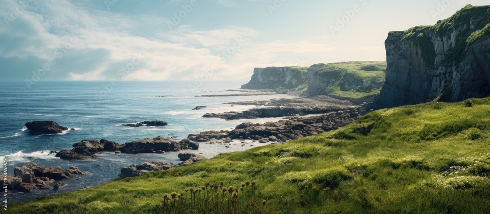 Poster cliff side view of the ocean. creative banner. copyspace image
