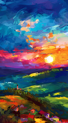 Digital painting of a sunset over the hillside village in the countryside