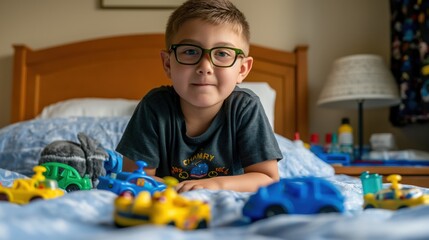 A young boy wearing glasses resting on a bed