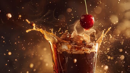 Chocolate Cherry Bomb coffee poster with space on top for a logo, in the style of dreamlike atmosphere, fluid formation, samyang af 14mm f/2.8 rf --ar 16:9 Job ID: 4420f0f1-4b4f-45b3-8c12-800a9763581c