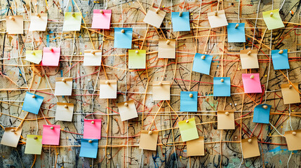 Empty bulletin board covered with crisscrossing strings and paper notes, symbolizing organization and planning