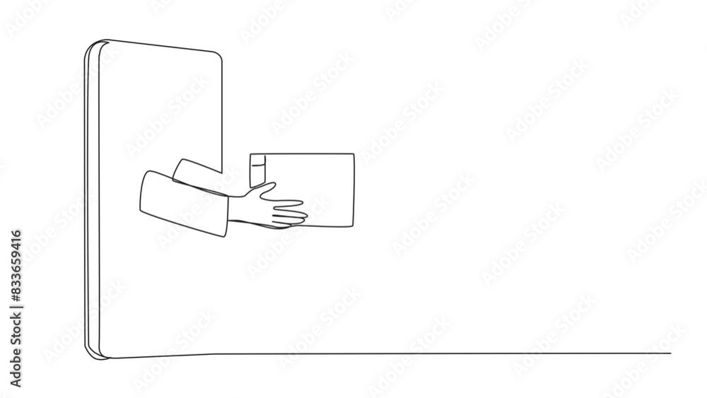 Poster animated self drawing of single continuous line drawing hand comes out from middle of the smartphone