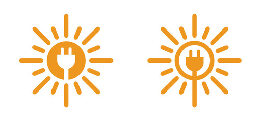 electrical plug and sun logo. Milieu, solar panels, plug and play. Environmentally friendly, sun energy. Solar panel that generate electricity. Solar, battery panel concept. Home or house concept.