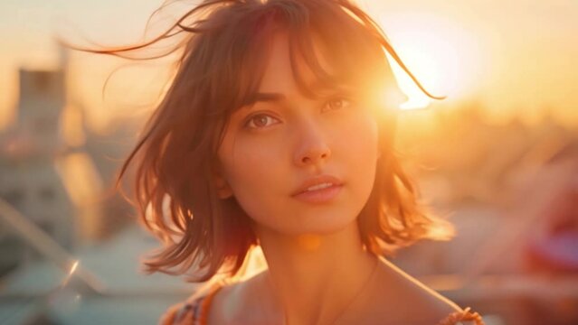 Asian lady with a pixie cut poses on a rooftop overlooking a colorful cityscape portrait of a beautiful looking at camera smiling in a cute sunset photo