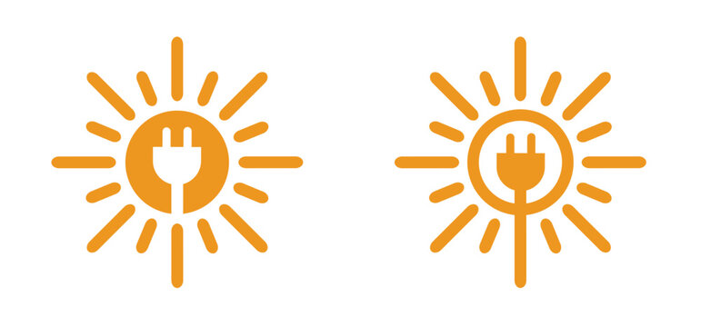electrical plug and sun logo. Milieu, solar panels, plug and play. Environmentally friendly, sun energy. Solar panel that generate electricity. Solar, battery panel concept. Home or house concept.